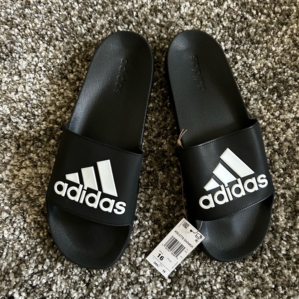New Mens Adidas Adilette Shower Shoes Black Size 16